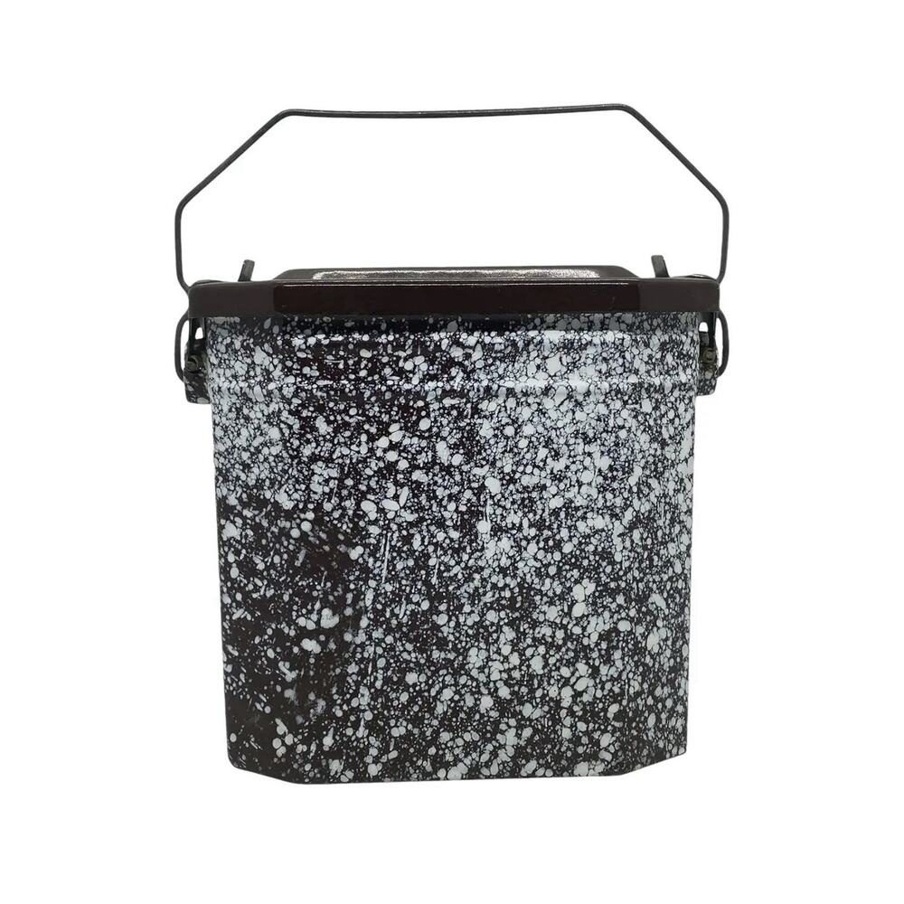 Vintage French Enameled Graniteware Lunch Pail Box Brown White Handle Insert